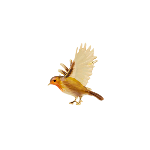 An enamel brooch in the shape of a red-breasted flying robin.