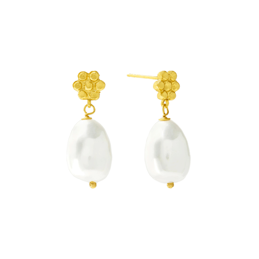 A pair of earrings featuring a teardrop shaped white pearl and gold studs.