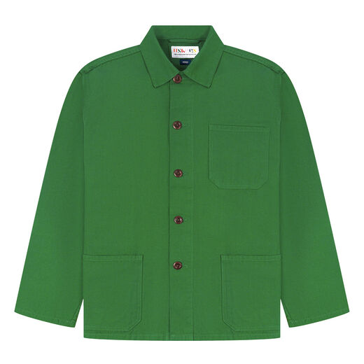 A green overshirt with brown corozo buttons and a front chest pocket.